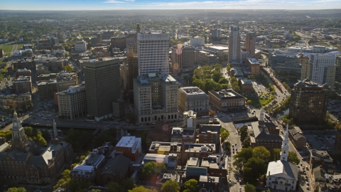 AX145_043.0000321 - Aerial stock photo of City buildings and skyscrapers in Downtown Providence, Rhode Island