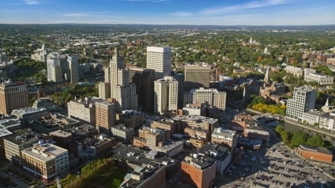 AX145_047.0000216 - Aerial stock photo of Tall skyscrapers and city buildings, Downtown Providence, Rhode Island