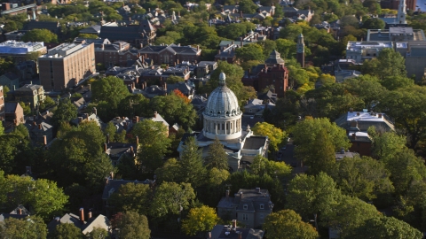 AX145_068.0000000 - Aerial stock photo of The First Church of Christ Scientist and trees, Providence, Rhode Island