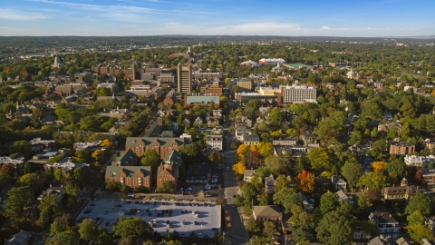 AX145_070.0000251 - Aerial stock photo of Brown University with colorful trees in Providence, Rhode Island