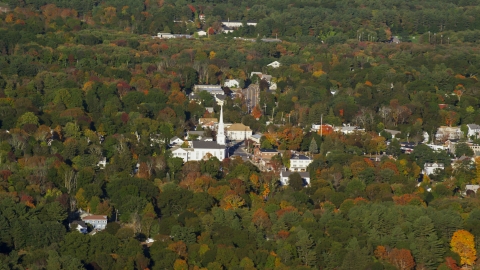 AX145_108.0000197 - Aerial stock photo of A small town and church in autumn, Foxborough, Massachusetts