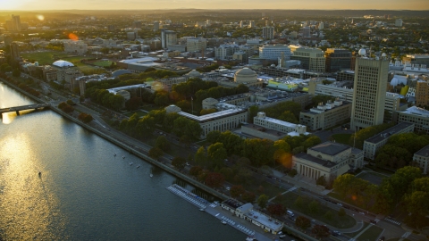 AX146_057.0000273F - Aerial stock photo of The Massachusetts Institute of Technology campus at sunset, Massachusetts