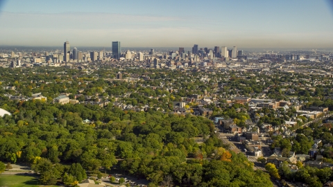 AX147_002.0000322 - Aerial stock photo of Downtown Boston city sprawl and skyline, Massachusetts