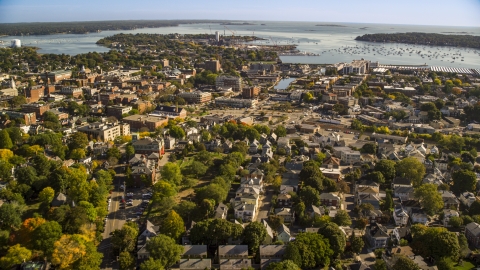 AX147_048.0000000 - Aerial stock photo of Coastal town with a view of the harbor, Salem, Massachusetts
