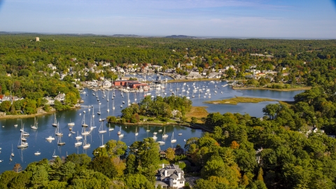 AX147_067.0000000 - Aerial stock photo of Harbor with boats in autumn, Manchester-by-the-Sea, Massachusetts