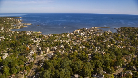 AX147_125.0000119 - Aerial stock photo of A small coastal town with views of the water, Rockport, Massachusetts