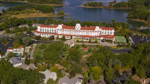 AX147_171.0000362 - Aerial stock photo of Wentworth By The Sea hotel in autumn, New Castle, New Hampshire