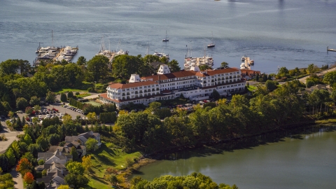 AX147_200.0000161 - Aerial stock photo of Wentworth by the Sea hotel in autumn, New Castle, New Hampshire
