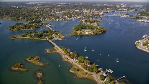AX147_201.0000000 - Aerial stock photo of Bridges to Pierce Island and coastal town, Portsmouth, New Hampshire