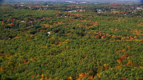AX147_279.0000000 - Aerial stock photo of Dense, colorful forest, rural homes, Biddeford, Maine