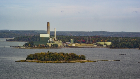 AX147_368.0000000 - Aerial stock photo of Wyman Energy Center on a cloudy day in autumn, Yarmouth, Maine