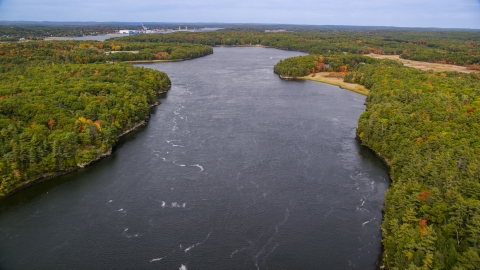 AX147_408.0000000 - Aerial stock photo of The Kennebec River, shores lined with colorful trees, Phippsburg, Maine