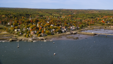 AX148_005.0000000 - Aerial stock photo of A small waterfront town in autumn, Wiscasset, Maine