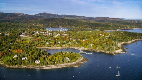 AX148_163.0000000 - Aerial stock photo of A small coastal town in autumn, Northeast Harbor, Mount Desert Island, Maine