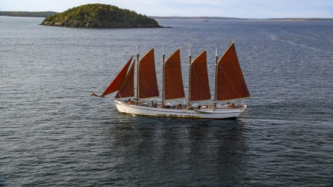 AX148_197.0000000 - Aerial stock photo of A sailing ship in Bar Harbor, Maine