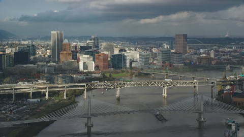 AX153_051.0000161F - Aerial stock photo of Bridge over the Willamette River and the city skyline, autumn, Downtown Portland, Oregon