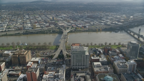 AX153_099.0000085F - Aerial stock photo of The Morrison Bridge in Downtown Portland, Oregon