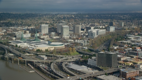 AX153_100.0000000F - Aerial stock photo of Oregon Convention Center and office buildings in Lloyd District, Portland, Oregon