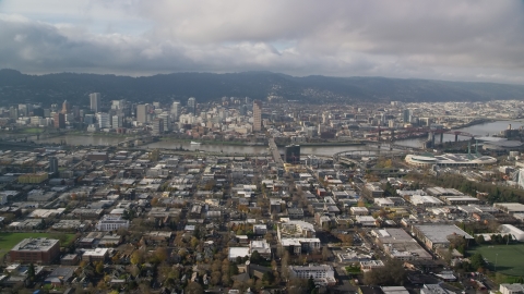 AX153_103.0000000F - Aerial stock photo of The Burnside Bridge and Downtown Portland, Oregon