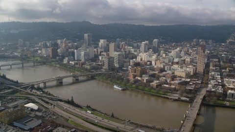 AX153_105.0000000F - Aerial stock photo of The bridges over the Willamette River and Downtown Portland, Oregon