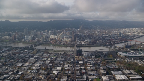 AX153_128.0000263F - Aerial stock photo of View of bridges on the Willamette River and Downtown Portland, Oregon