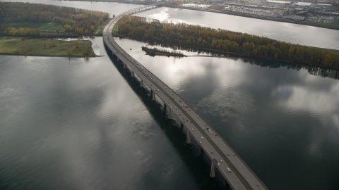 AX153_139.0000298F - Aerial stock photo of The I-205 Bridge over the Columbia River in Vancouver, Washington