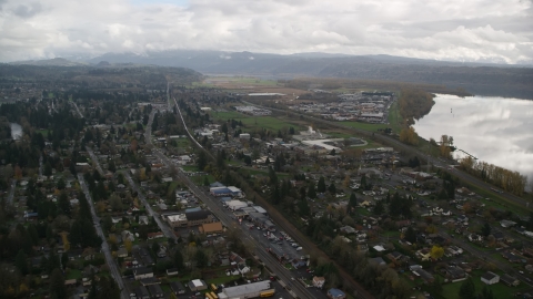 AX153_161.0000216F - Aerial stock photo of Small town neighborhoods in Washougal, Washington