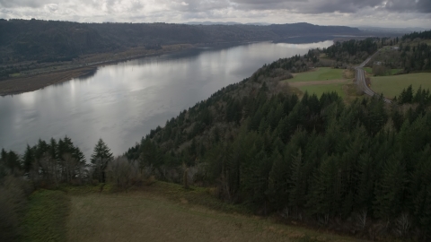 AX153_188.0000183F - Aerial stock photo of Columbia River Gorge seen from tree covered cliff, Washington