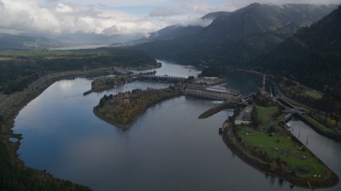 AX154_029.0000000F - Aerial stock photo of Columbia River and the Bonneville Dam in Columbia River Gorge