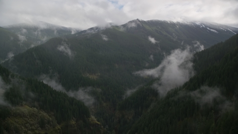 AX154_052.0000243F - Aerial stock photo of A misty canyon and a mountain ridge with light snow in Cascade Range, Hood River County, Oregon