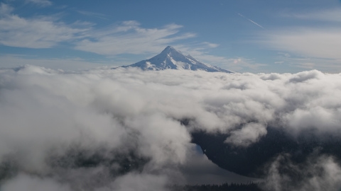 AX154_063.0000000F - Aerial stock photo of Above clouds near snowy Mount Hood, Cascade Range, Oregon