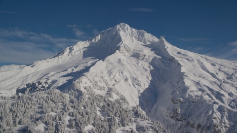 AX154_080.0000273F - Aerial stock photo of Snowy slopes of Mount Hood in the Cascade Range, Oregon