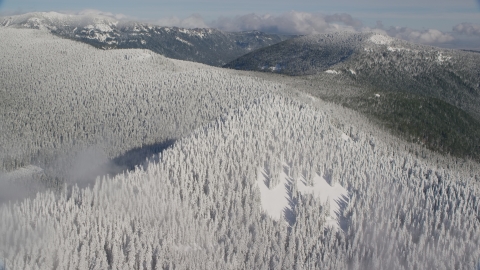 AX154_100.0000359F - Aerial stock photo of A mountain ridge covered with snowy forest in the Cascade Range, Oregon