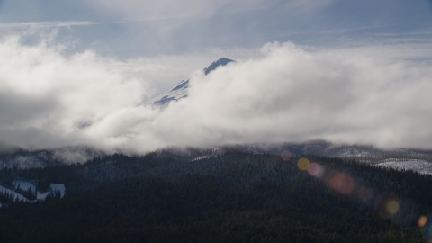 AX154_131.0000213F - Aerial stock photo of Clouds blocking the snowy summit of Mount Hood, Cascade Range, Oregon