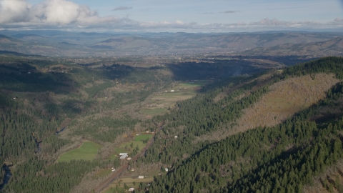 AX154_148.0000145F - Aerial stock photo of Farms and evergreen forest in a canyon, Hood River, Oregon