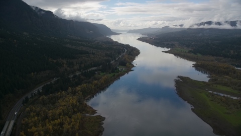 AX154_182.0000246F - Aerial stock photo of Interstate 84 and the Columbia River in Columbia River Gorge