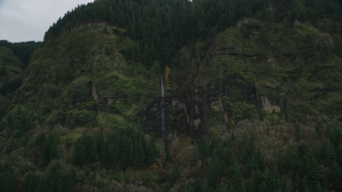 AX154_187.0000134F - Aerial stock photo of A waterfall on steep green cliffs on the Oregon side of Columbia River Gorge