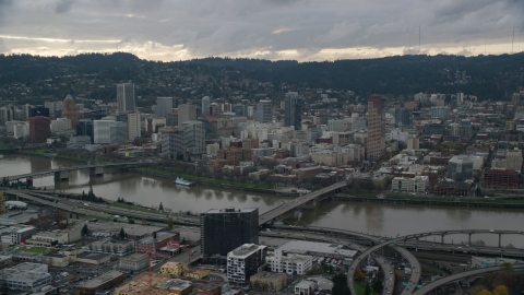 AX155_042.0000166F - Aerial stock photo of Downtown Portland, Oregon, seen across the Willamette River