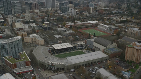 AX155_057.0000007F - Aerial stock photo of Providence Park in Goose Hollow, Portland, Oregon