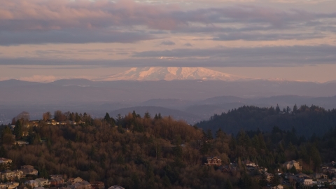 AX155_136.0000000F - Aerial stock photo of Mount Hood seen from hillside homes in Northwest Portland, Oregon