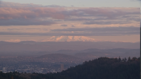 AX155_139.0000222F - Aerial stock photo of Mount Hood and Downtown Portland at sunset, seen from forest and hills in Northwest Portland, Oregon
