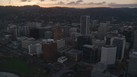 AX155_179.0000263F - Aerial stock photo of Downtown Portland at sunset in Oregon