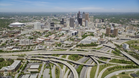 AX36_002.0000017F - Aerial stock photo of Ralph David Abernathy Freeway interchange, downtown skyscrapers, Atlanta, Georgia