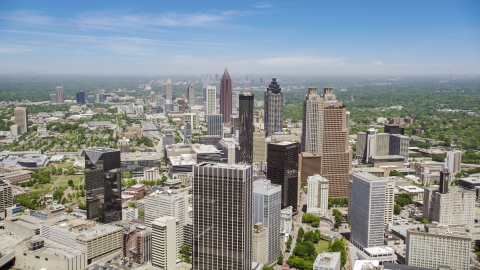 AX36_004.0000190F - Aerial stock photo of Downtown skyscrapers and Westin Peachtree Plaza Hotel, Atlanta, Georgia