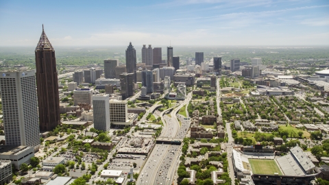 AX36_019.0000117F - Aerial stock photo of Downtown Connector traffic,  skyscrapers, Atlanta, Georgia