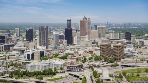 AX36_035.0000002F - Aerial stock photo of Downtown skyscrapers and Georgia State Capitol, Atlanta, Georgia
