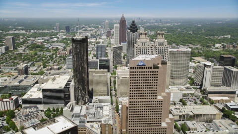 AX36_038.0000305F - Aerial stock photo of Georgia-Pacific Tower, Westin Peachtree Plaza Hotel, Downtown skyscrapers, Atlanta, Georgia
