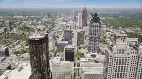 AX36_039.0000145F - Aerial stock photo of Skyscrapers and office buildings, Downtown Atlanta, Georgia