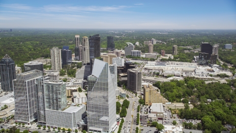 AX36_068.0000325F - Aerial stock photo of Terminus Atlanta and skyscrapers along Peachtree Road, Buckhead, Georgia