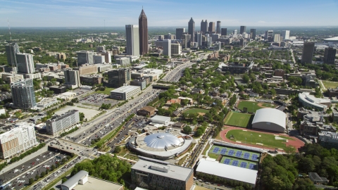 AX37_035.0000051F - Aerial stock photo of Alexander Memorial Coliseum, Downtown Connector, Midtown Atlanta, Georgia